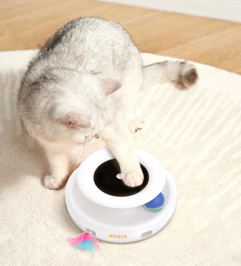 Automatic interactive cat toy with feathers and rotating ball, multiple play modes