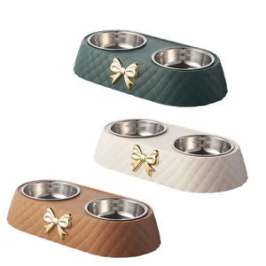 Bow-tie double feeding bowl with stainless steel bowls for dogs and cats