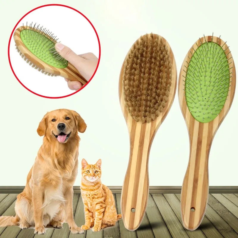 Double-sided bamboo grooming brush for dog coat care