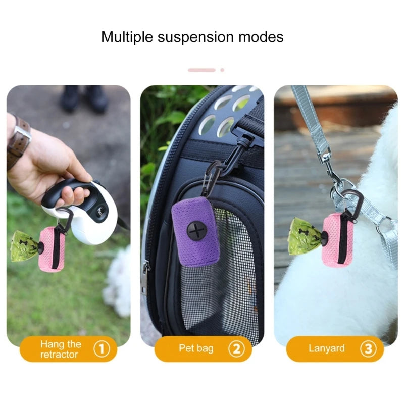Mesh dog poop bag holder and dispenser for lead or belt
