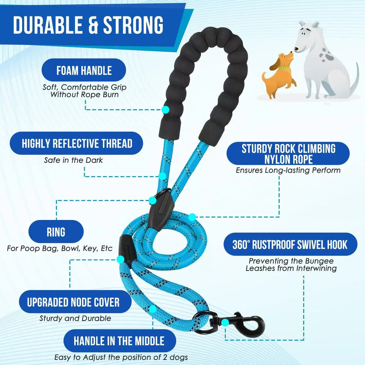 Reflective double dog leash with swivel coupler and traffic handle