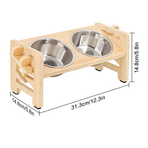Adjustable wooden bowl stand with steel bowls for small dogs and cats