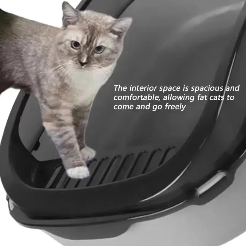Semi-enclosed cat litter tray with high sides for indoor use