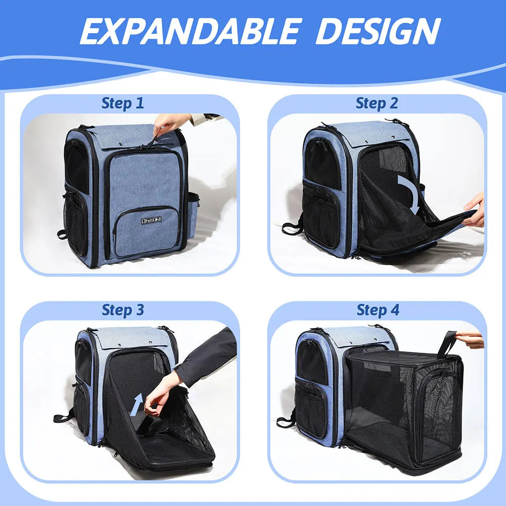 Expandable mesh backpack pet carrier for cats and small dogs