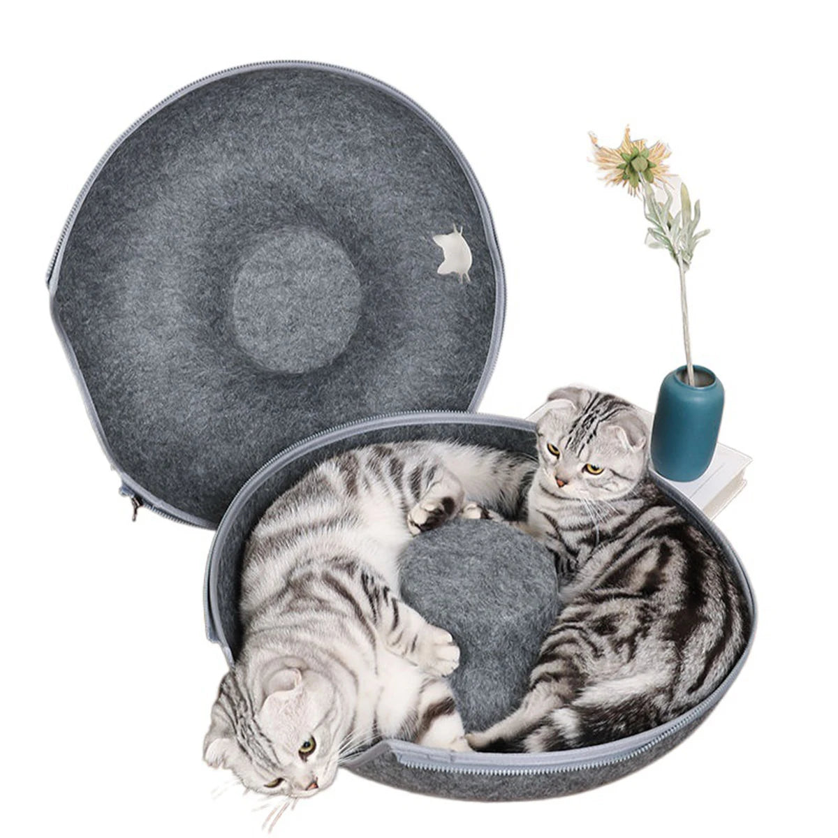 Round felt tunnel nest and scratcher for cats