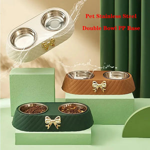 Bow-tie double feeding bowl with stainless steel bowls for dogs and cats