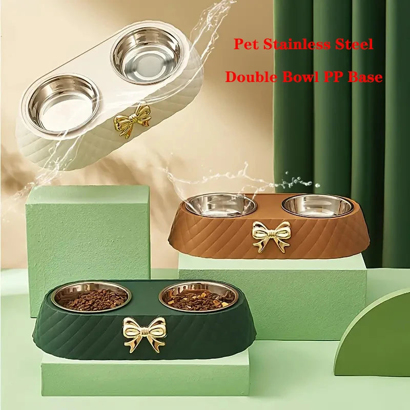 Bow-tie double feeding bowl with stainless steel bowls for dogs and cats