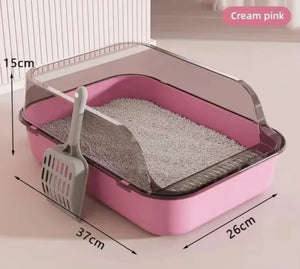 Semi-enclosed cat litter tray with high sides for indoor use