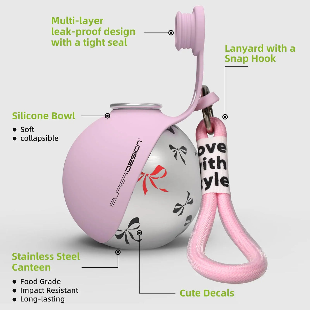 Leak-proof stainless steel water bottle with bowl attachment for dogs