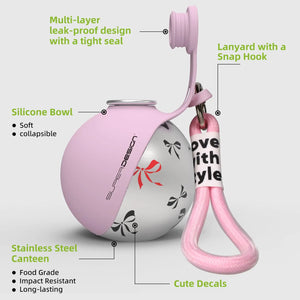 Leak-proof stainless steel water bottle with bowl attachment for dogs