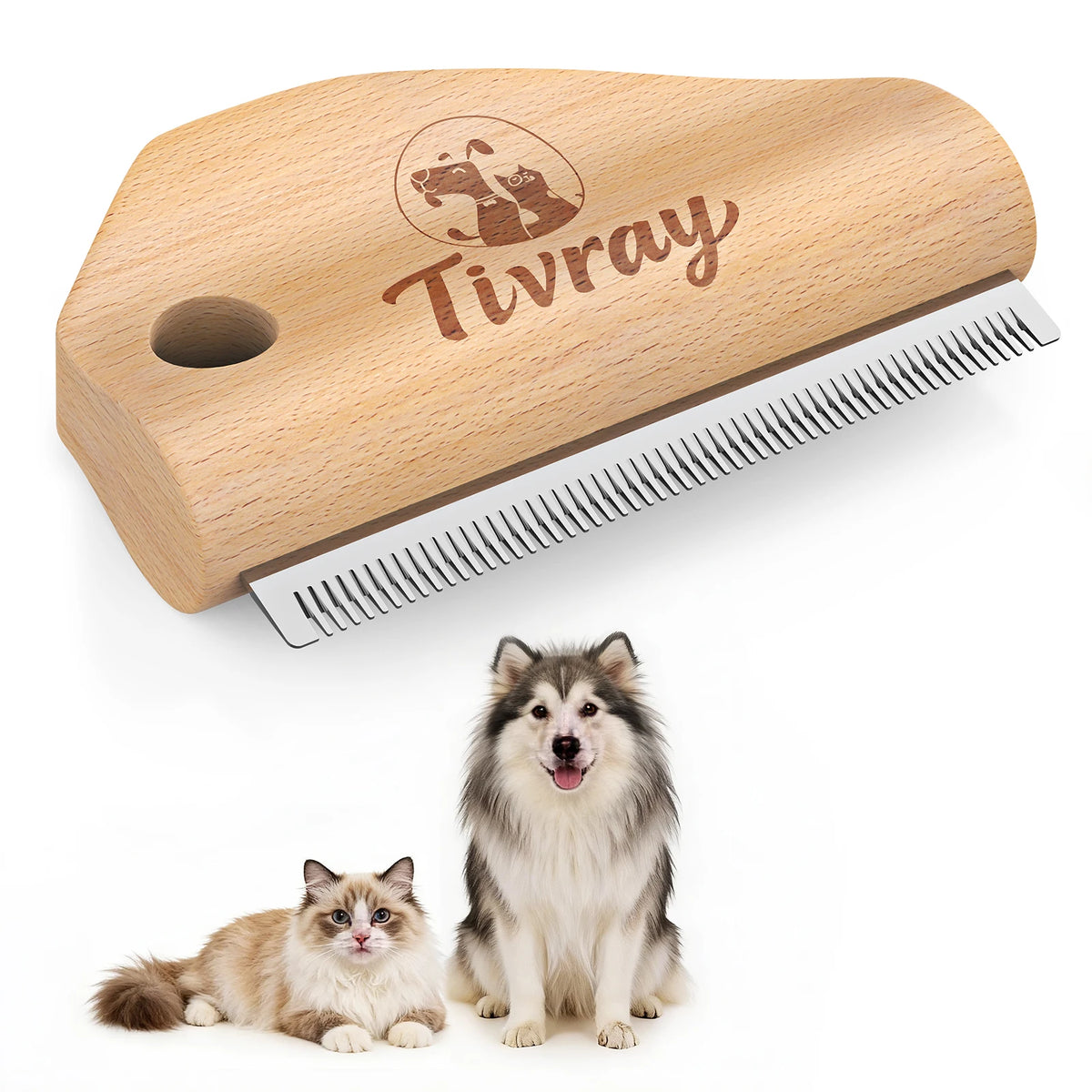 Stainless steel deshedding brush with wooden handle for dogs and cats