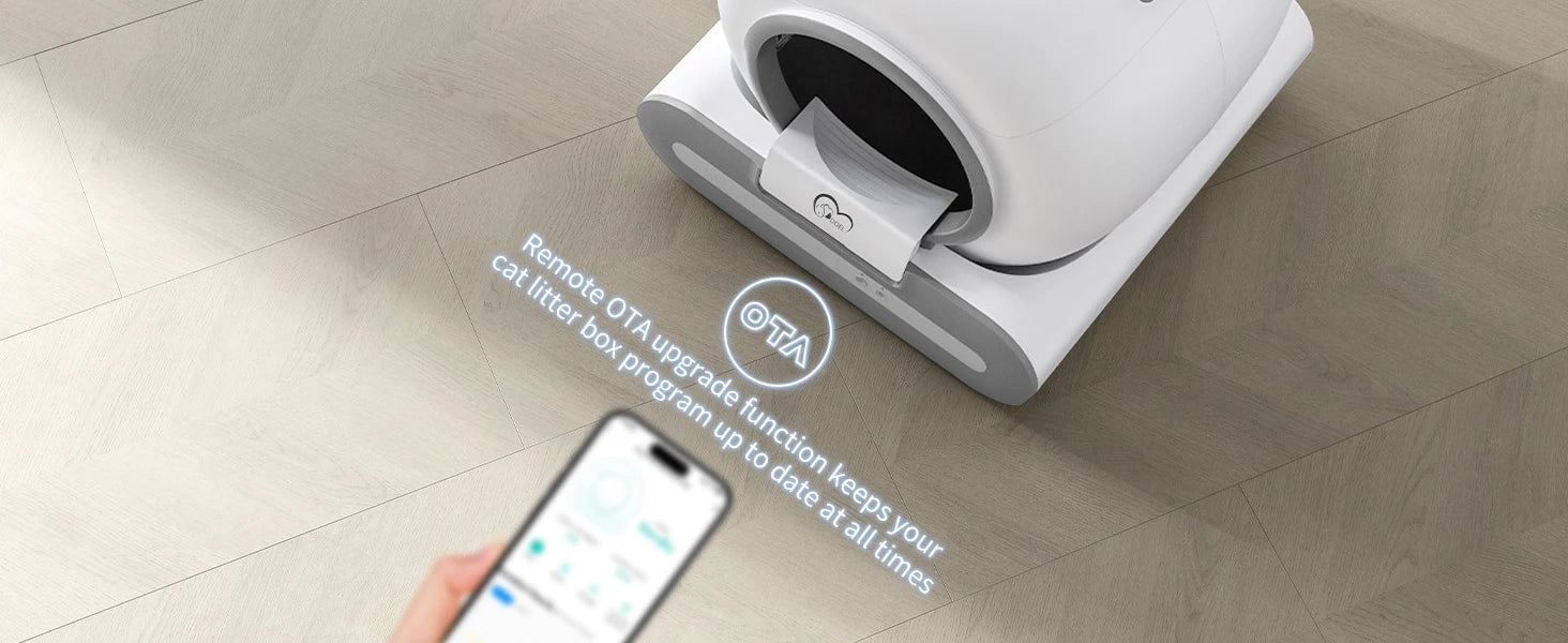 Smart pet litter box with smartphone app control on a tiled floor