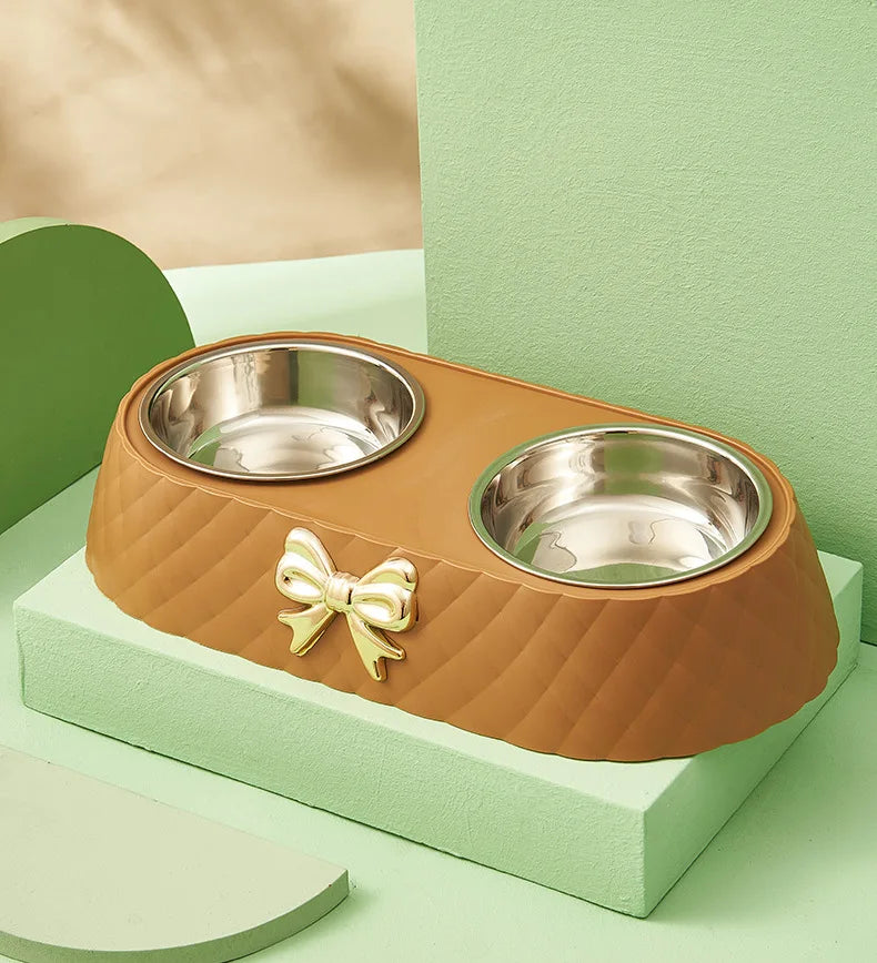 Bow-tie double feeding bowl with stainless steel bowls for dogs and cats