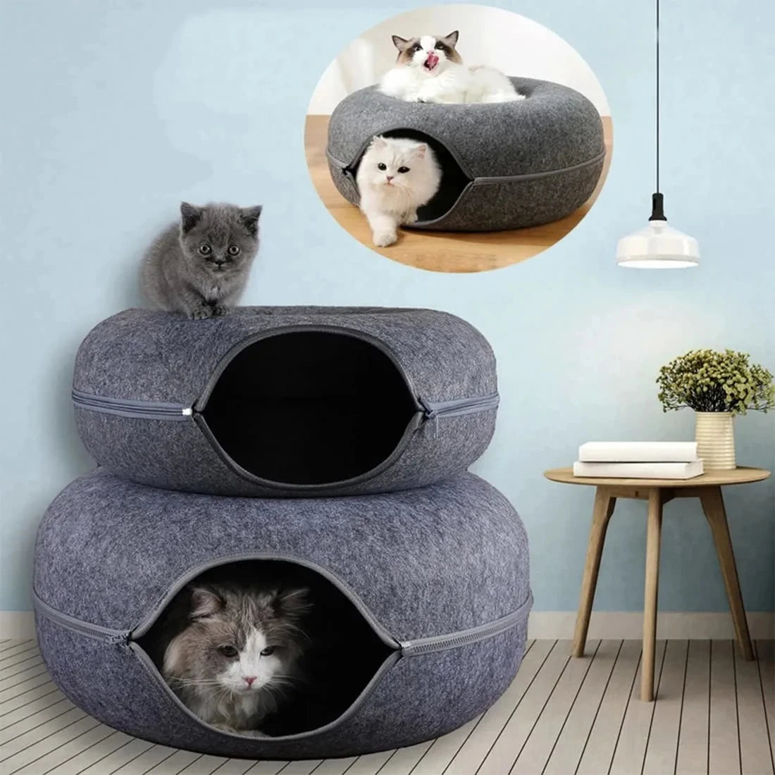 Round felt tunnel nest and scratcher for cats