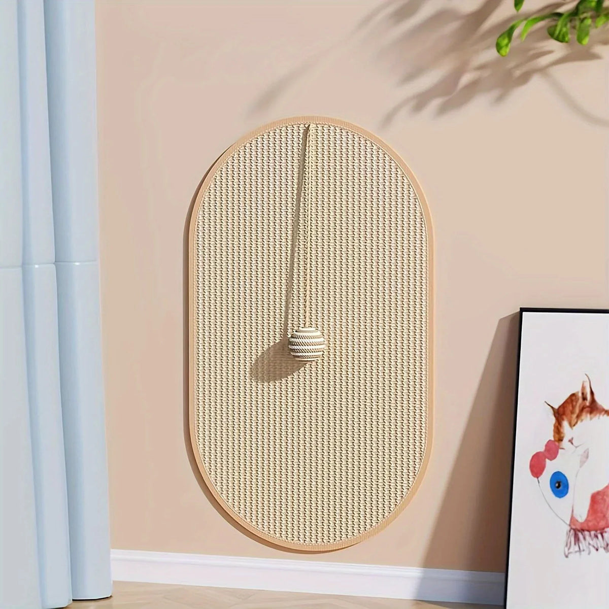 Natural sisal wall-mounted scratch pad for cats