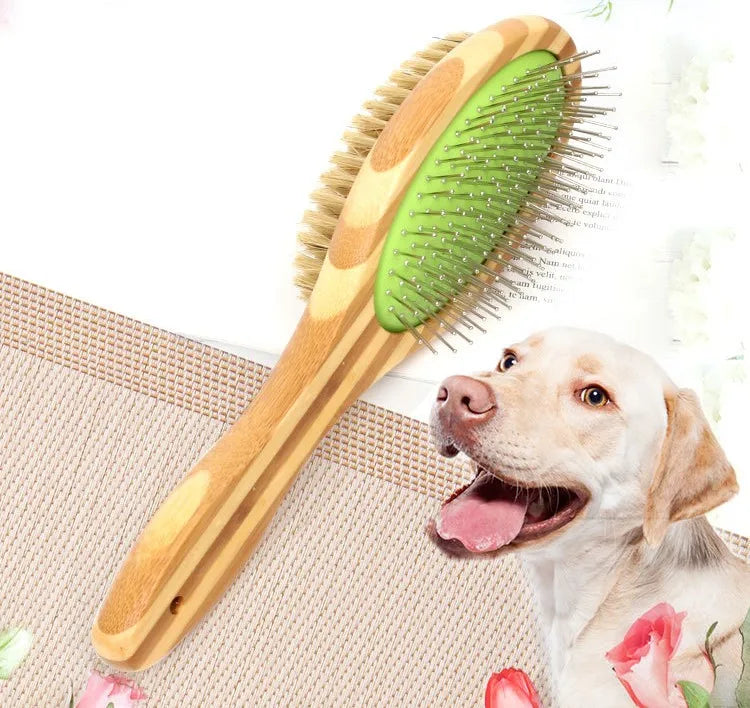 Double-sided bamboo grooming brush for dog coat care