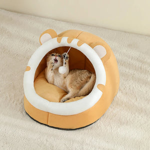 Cosy plush cat cave bed with removable washable cushion
