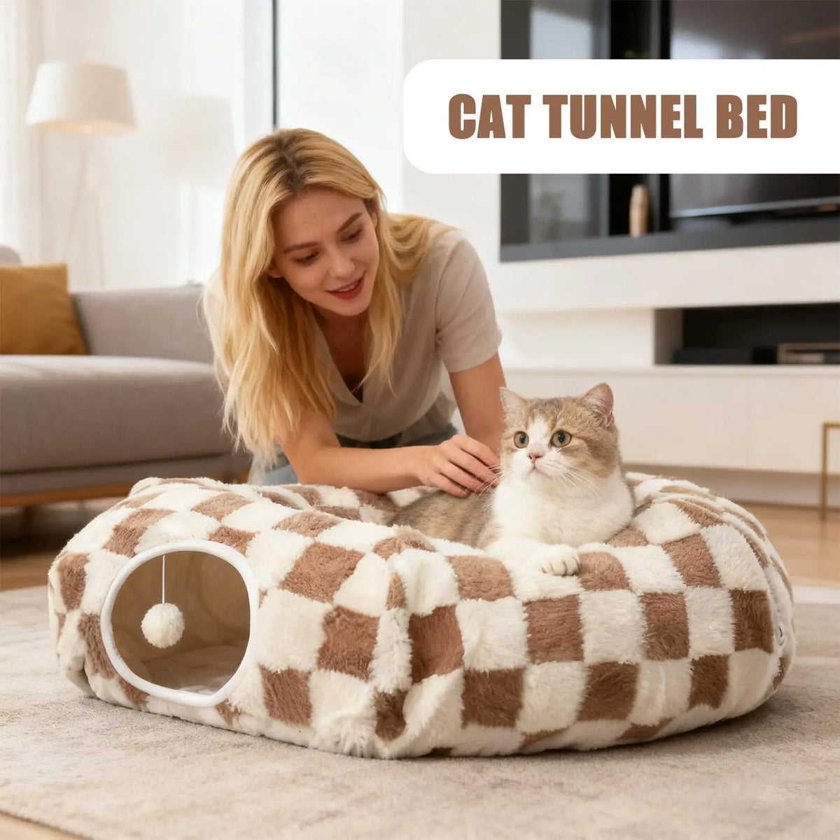 Donut tunnel bed with interactive ball and washable cushion for cats