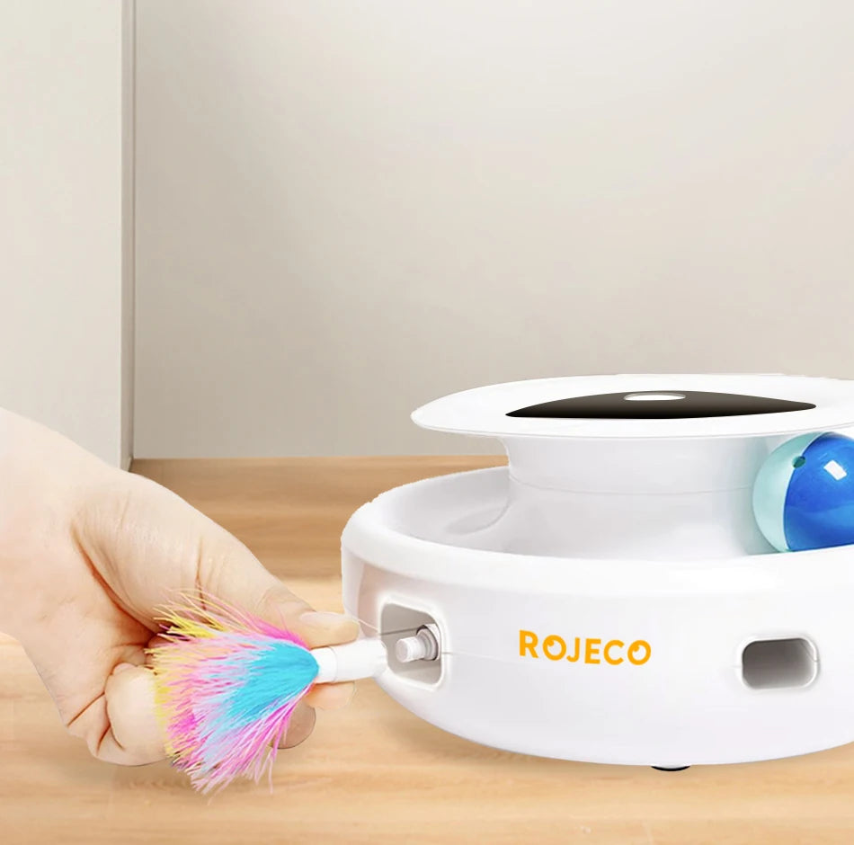 Automatic interactive cat toy with feathers and rotating ball, multiple play modes