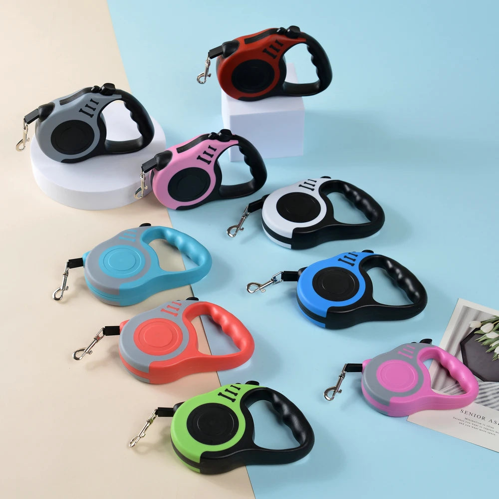 Retractable nylon dog leash with adjustable 3m or 5m length