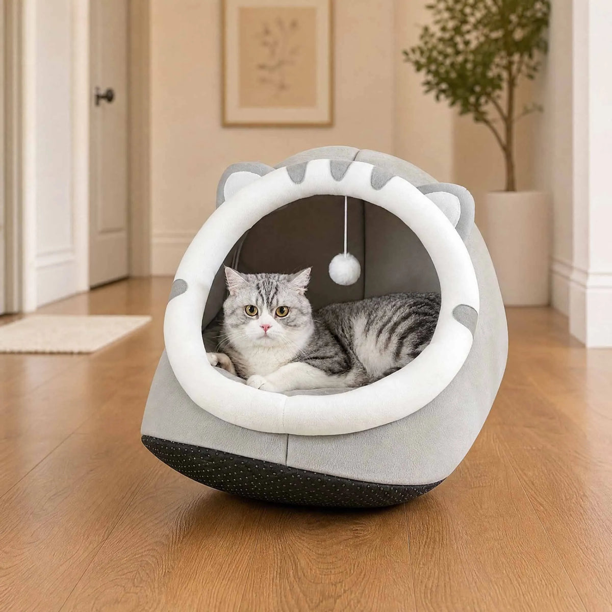 Cosy plush cat cave bed with removable washable cushion