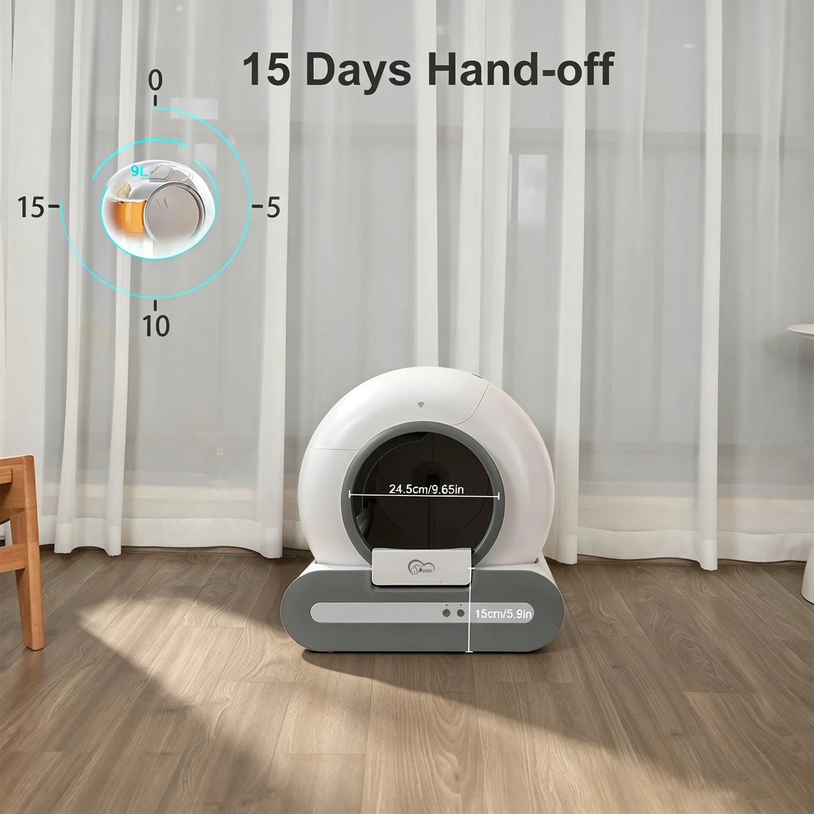 A white and gray automatic pet litter box sits on a wood floor in front of sheer white curtains. Text on the image reads '15 Days Hand-off' with a circular inset showing the lid's tilt sensor.