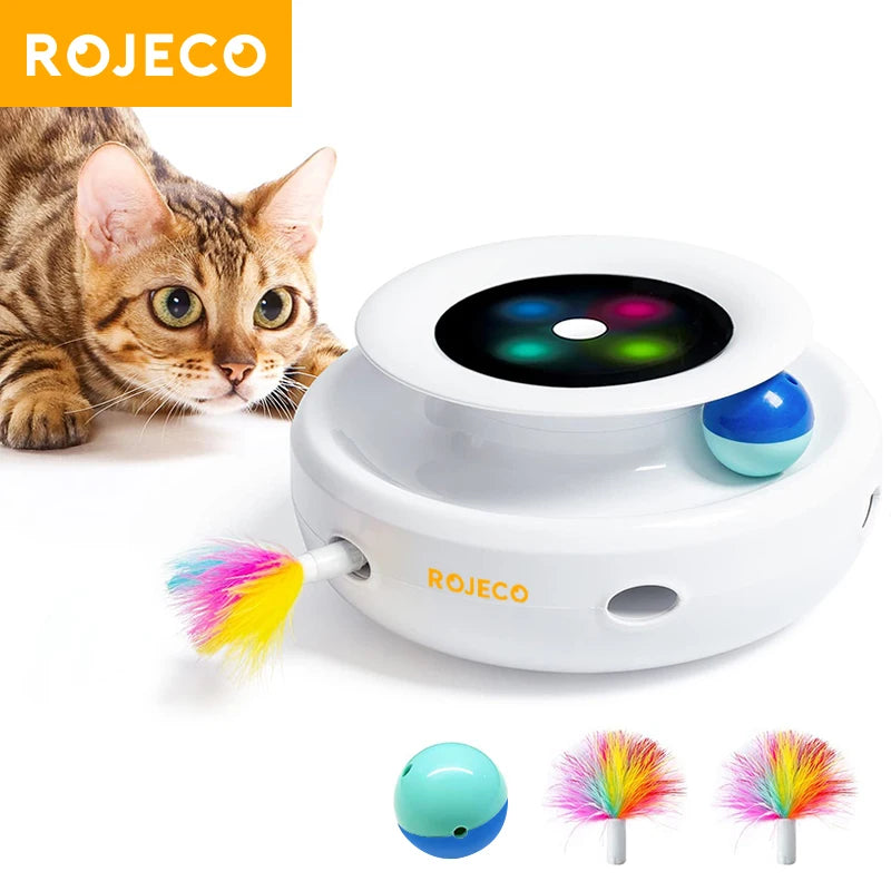 Automatic interactive cat toy with feathers and rotating ball, multiple play modes