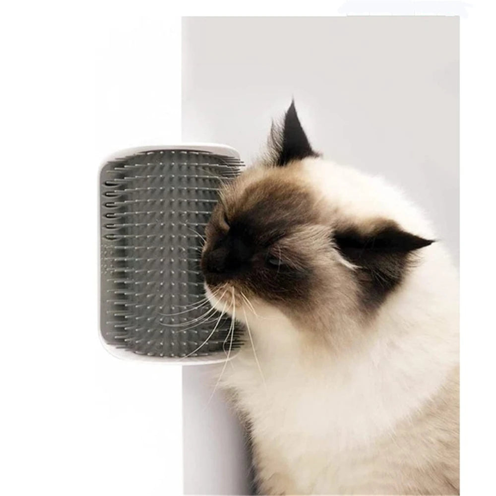 Wall-corner self-grooming brush for cats