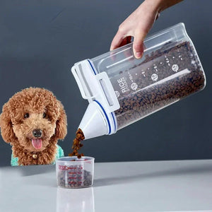 Airtight pet food storage container with measuring scoop for dogs and cats