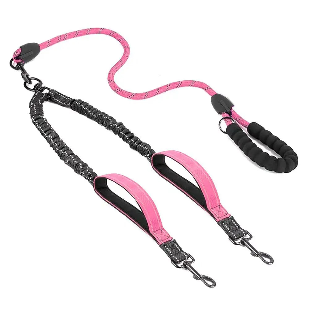 Reflective double dog leash with swivel coupler and traffic handle