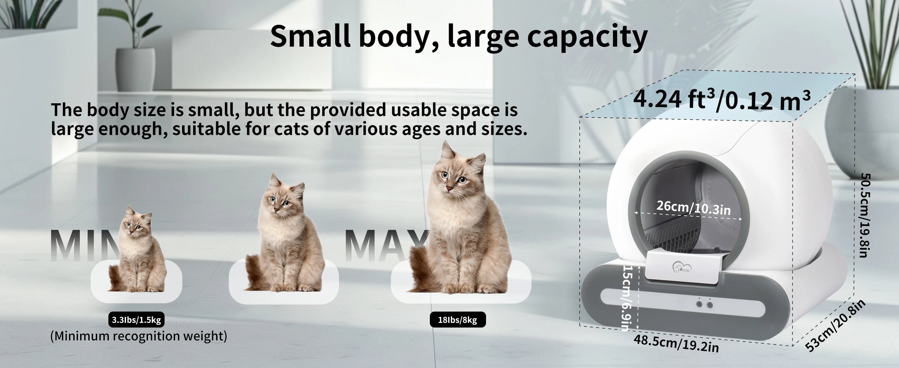 Pet product with text about small body, large capacity and dimensions.