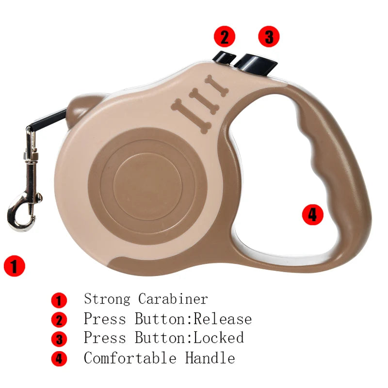 Retractable nylon dog leash with adjustable 3m or 5m length