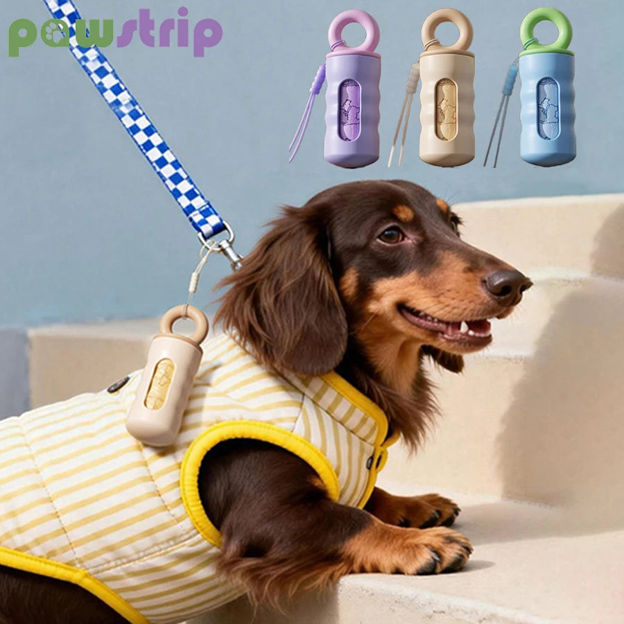 Twist-lock waste bag dispenser with leash attachment strap for dogs