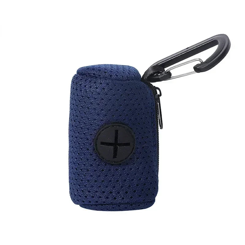 Mesh waste bag dispenser that hangs from a dog lead