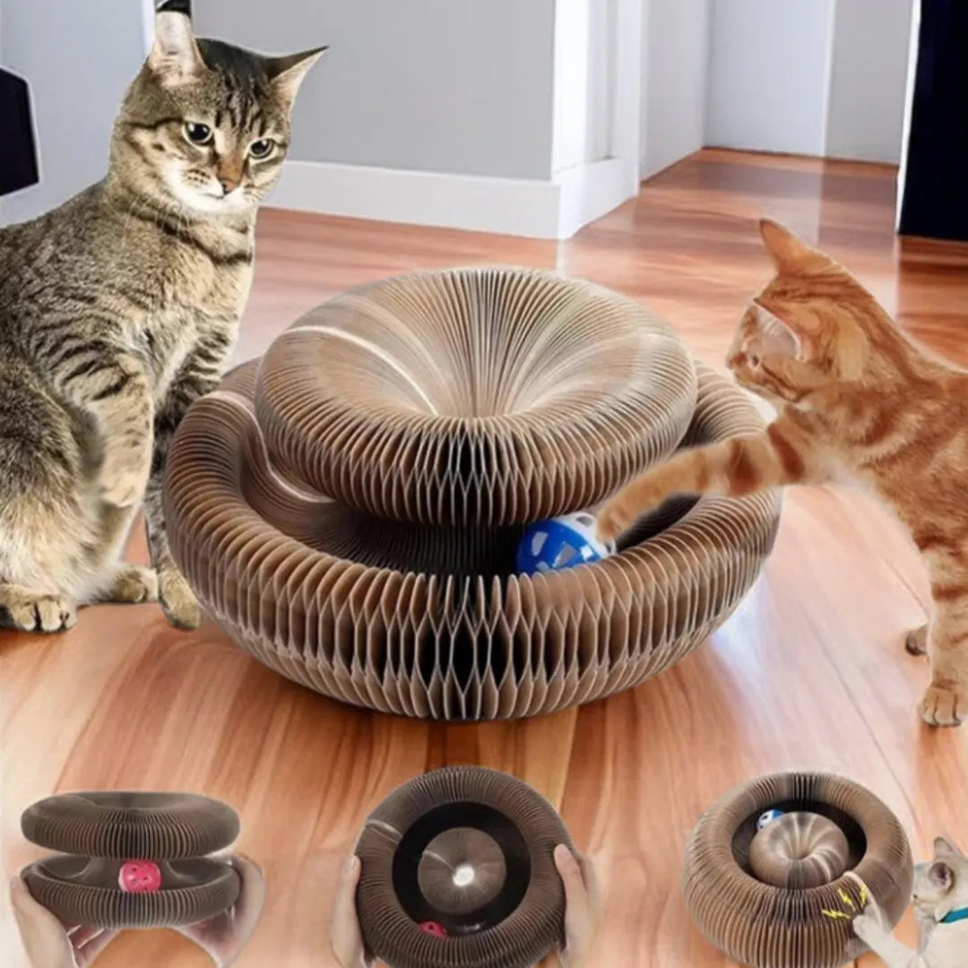 Corrugated cardboard scratcher board with rolling ball track for cats