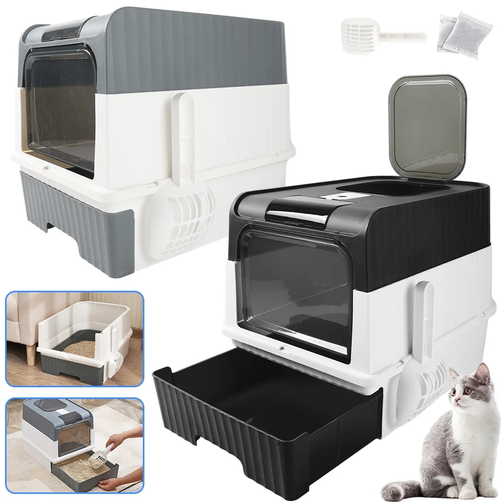 Large hooded cat litter box with odor control and scoop