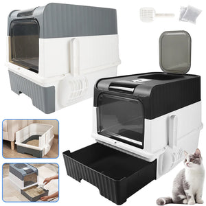 Large hooded cat litter box with odor control and scoop