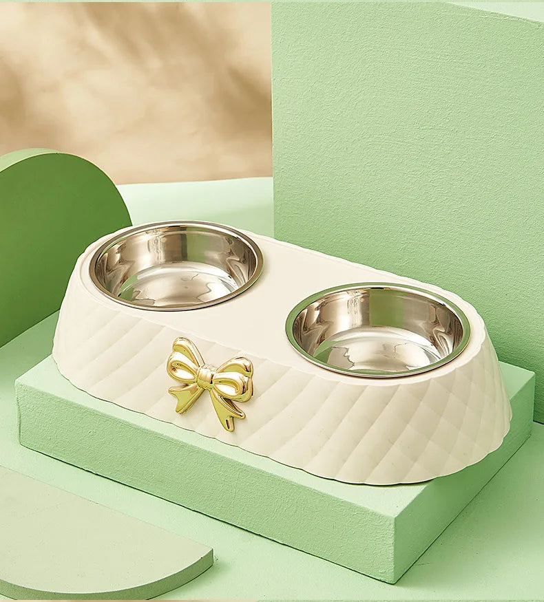 Bow-tie double feeding bowl with stainless steel bowls for dogs and cats