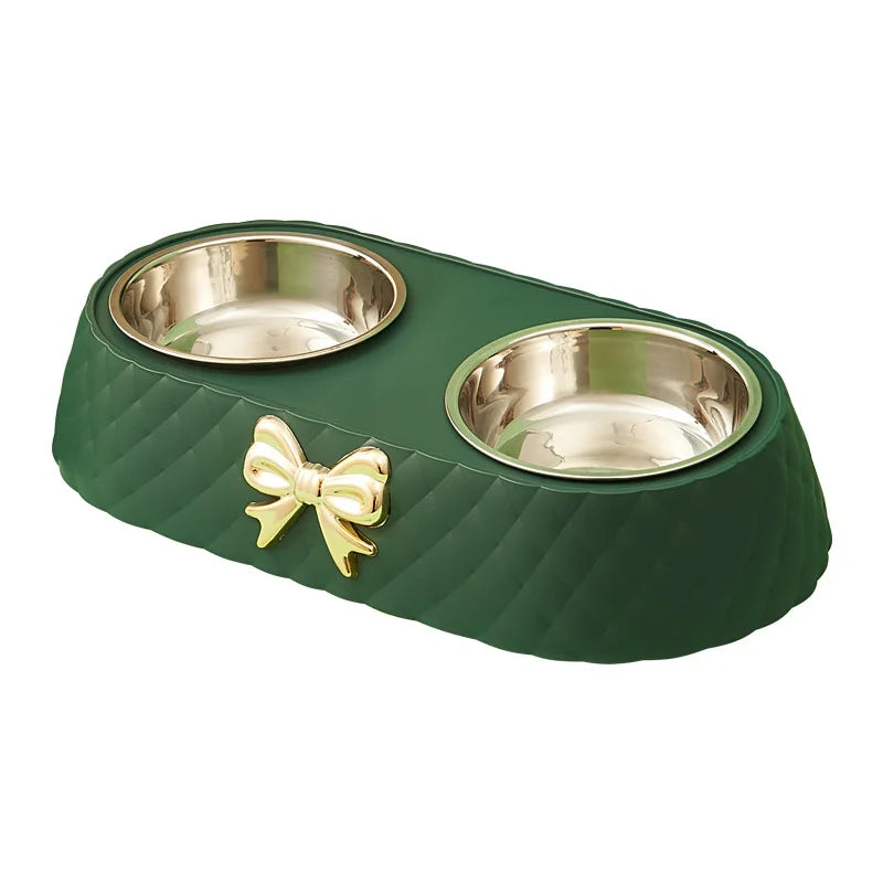 Bow-tie double feeding bowl with stainless steel bowls for dogs and cats