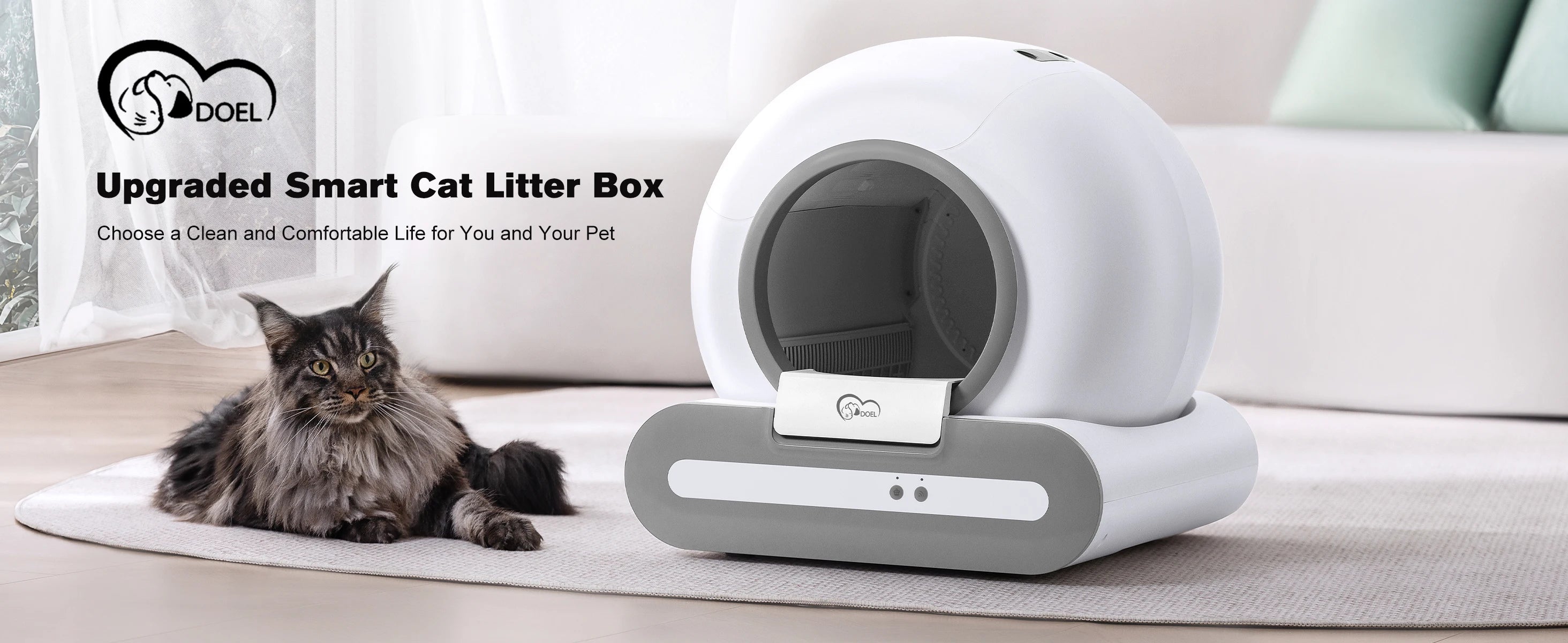 Smart cat litter box with a cat lying on a mat in a living room setting.