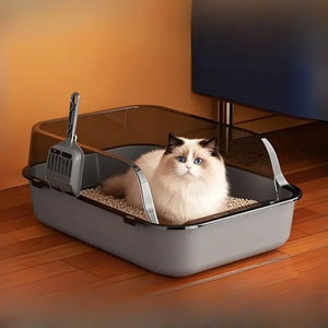 Semi-enclosed cat litter tray with high sides for indoor use