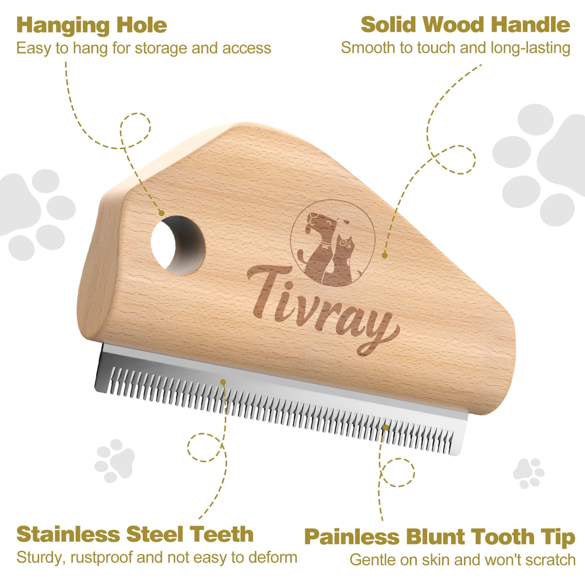 Stainless steel deshedding brush with wooden handle for dogs and cats