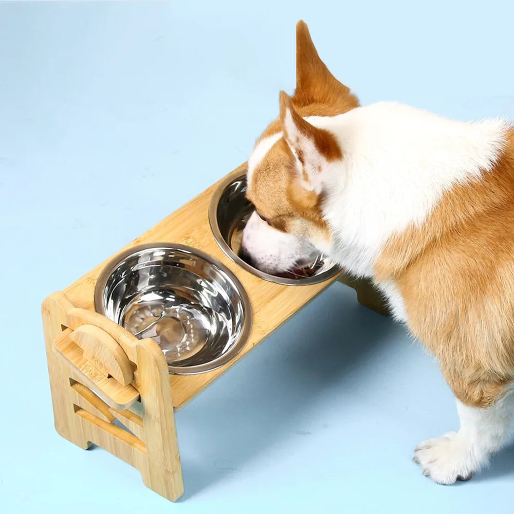 Adjustable wooden bowl stand with steel bowls for small dogs and cats