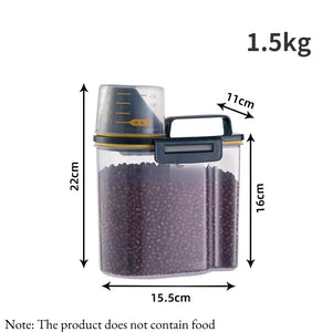 Airtight pet food storage container with measuring scoop for dogs and cats
