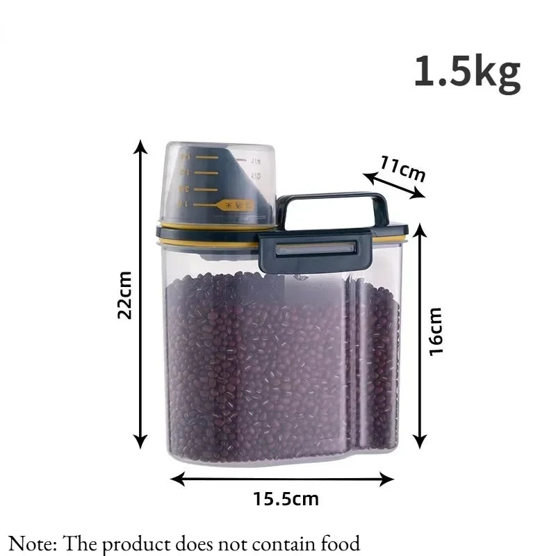 Airtight pet food storage container with measuring scoop for dogs and cats