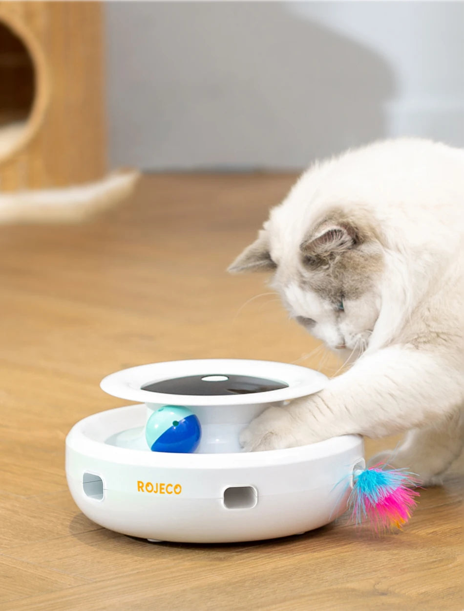 Automatic interactive cat toy with feathers and rotating ball, multiple play modes