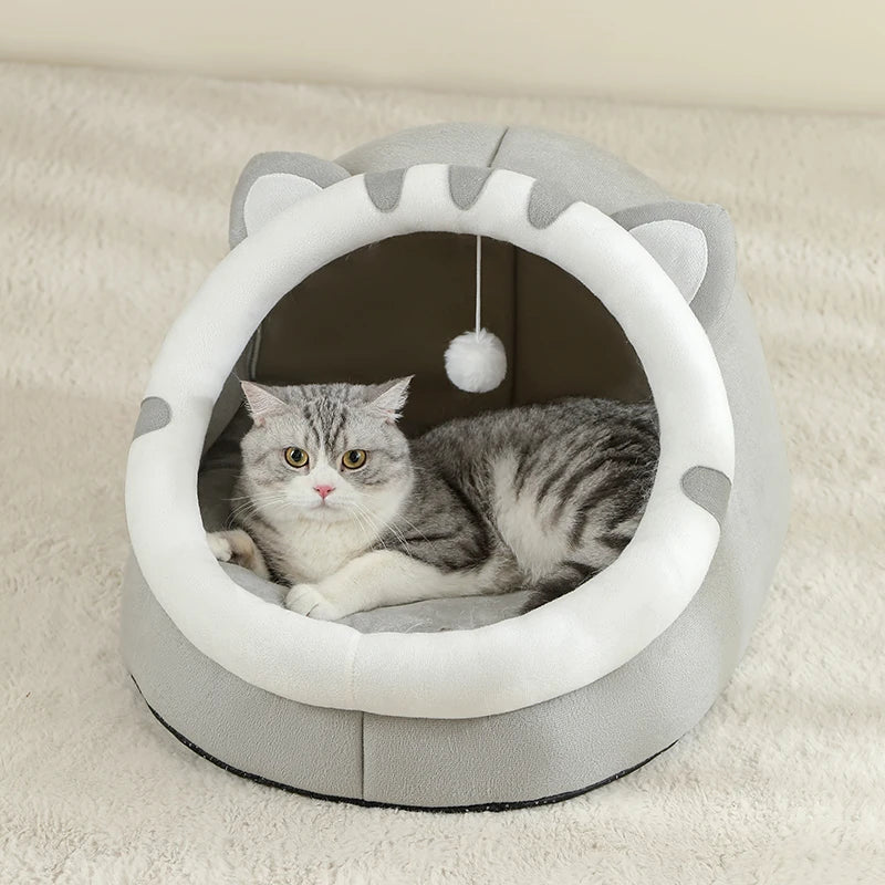 Cosy plush cat cave bed with removable washable cushion
