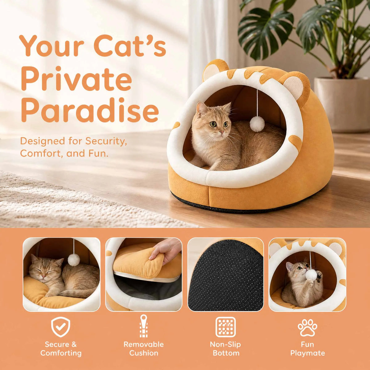 Cosy plush cat cave bed with removable washable cushion