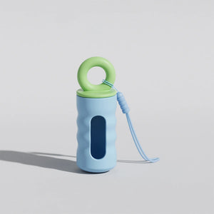 Twist-lock waste bag dispenser with leash attachment strap for dogs