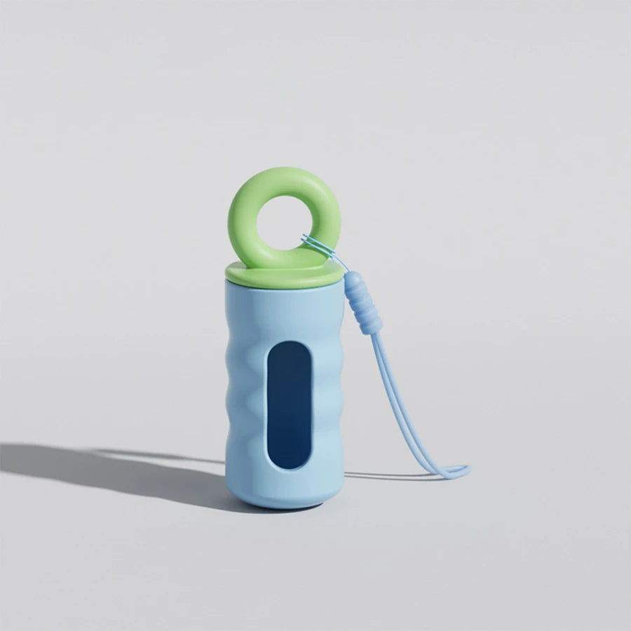Twist-lock waste bag dispenser with leash attachment strap for dogs